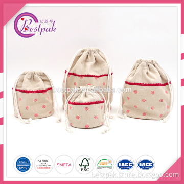 Cotton fabric gift bag draw string linen natural custom logo